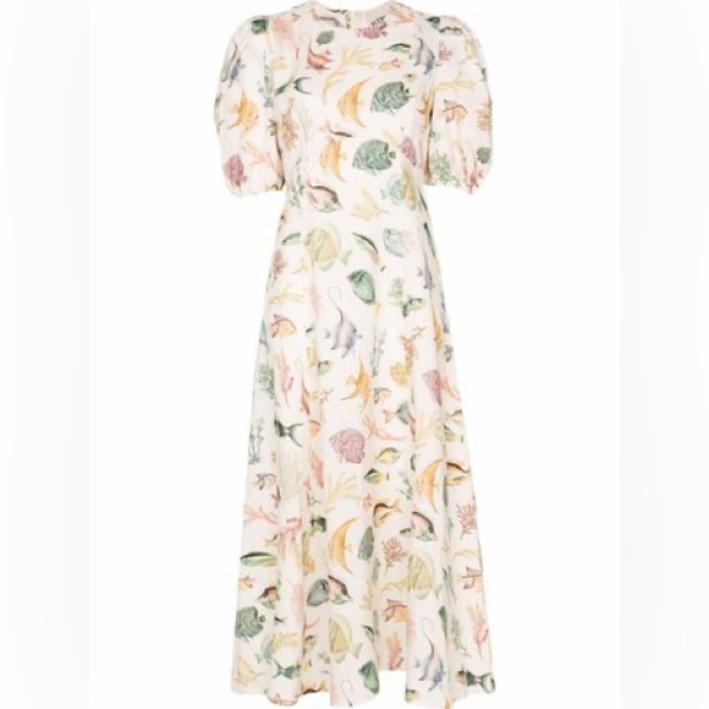Cream Floral Shell-Print Puff-Sleeve Maxi Dress